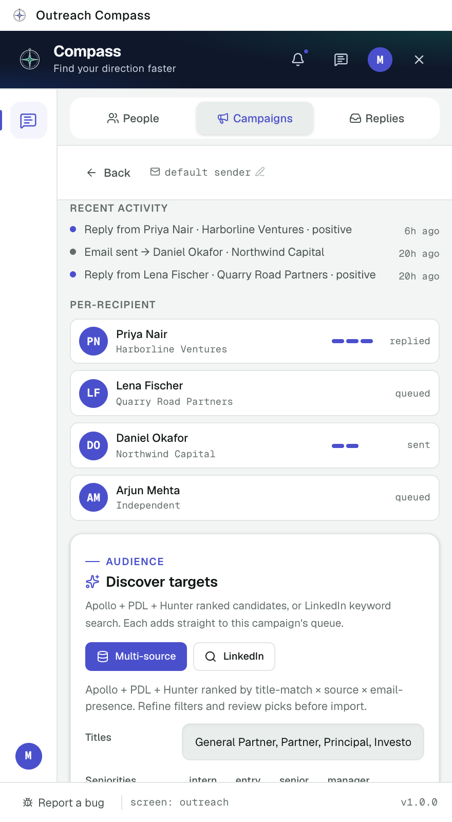 The Outreach Compass panel showing a seed round campaign: recent replies, and each investor with where they stand.