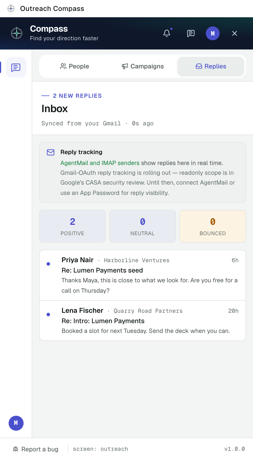 The Outreach Compass replies view: two positive replies from investors, with counts of positive, neutral and bounced.